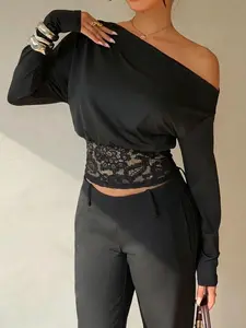 Women's Spring Valentine's Day Knit Asymmetrical Shoulder Long Sleeve Lace Patchwork Belted Top Blouse, Casual Fitted Plain Design