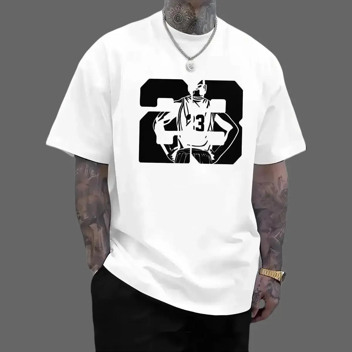 Men's Slim Fit Graphic T-Shirt with Basketball 23 Print, Soft, Textured 100% Cotton Fabric, Stretchy Design for Casual Outfits, Classic, Valentines Day, Slim Fitted, Pure Cotton, Sporty, Shortsleeve, Elastic, Outdoor, Round Neck, Stylish