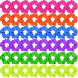 48 count Neon Scrunchies Bulk for 80s Hair Ties Soft Thick Elastic Hairbands Bright Colors Hair Accessories Neon Scrunchy Ropes Ponytail Bands for Women 90s Party Outfits Workout, 6 Solid Colors