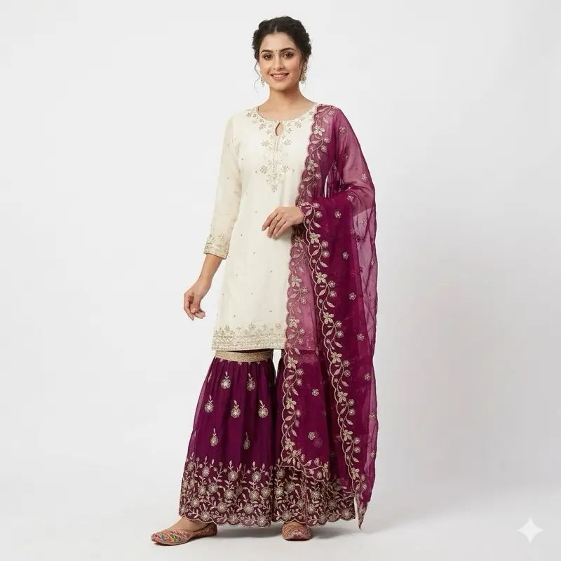 White and maroon Gharara Panjabi for special events