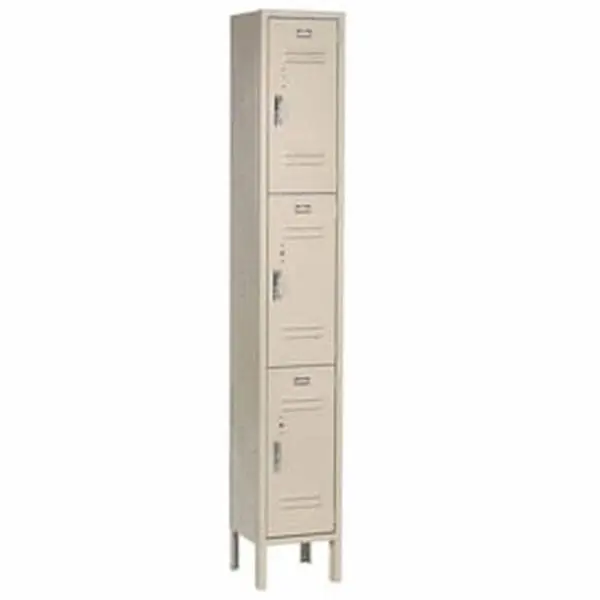 Global Industrial 238230TN Triple Tier Tan Paramount Steel Cabinet - 12x15x24 in., 3-Door, Assembly Required, Double & Single-Prong Coat Hooks, Legs, Louvered Sides, Security Hinges, Heavy-Duty Metal Base (Commercial/Office Furniture)