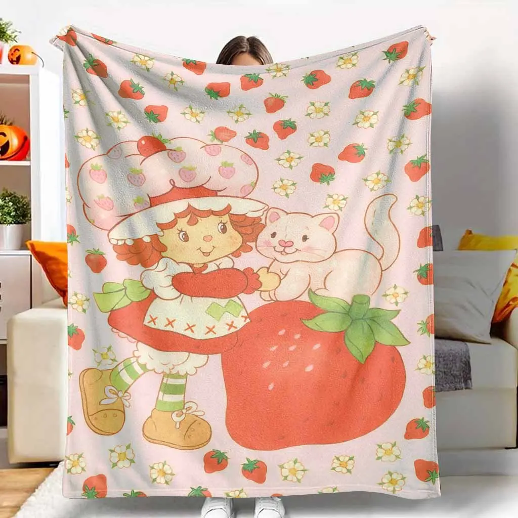 Strawberry Shortcake Flannel Cozy Blanket - Cartoon Pattern Food Themed Blanket, Retro Strawberry Print, Ideal for Bed & Sofa Use, Holiday Gift for Home Decoration, TikTok Shop Spring Glowup Item