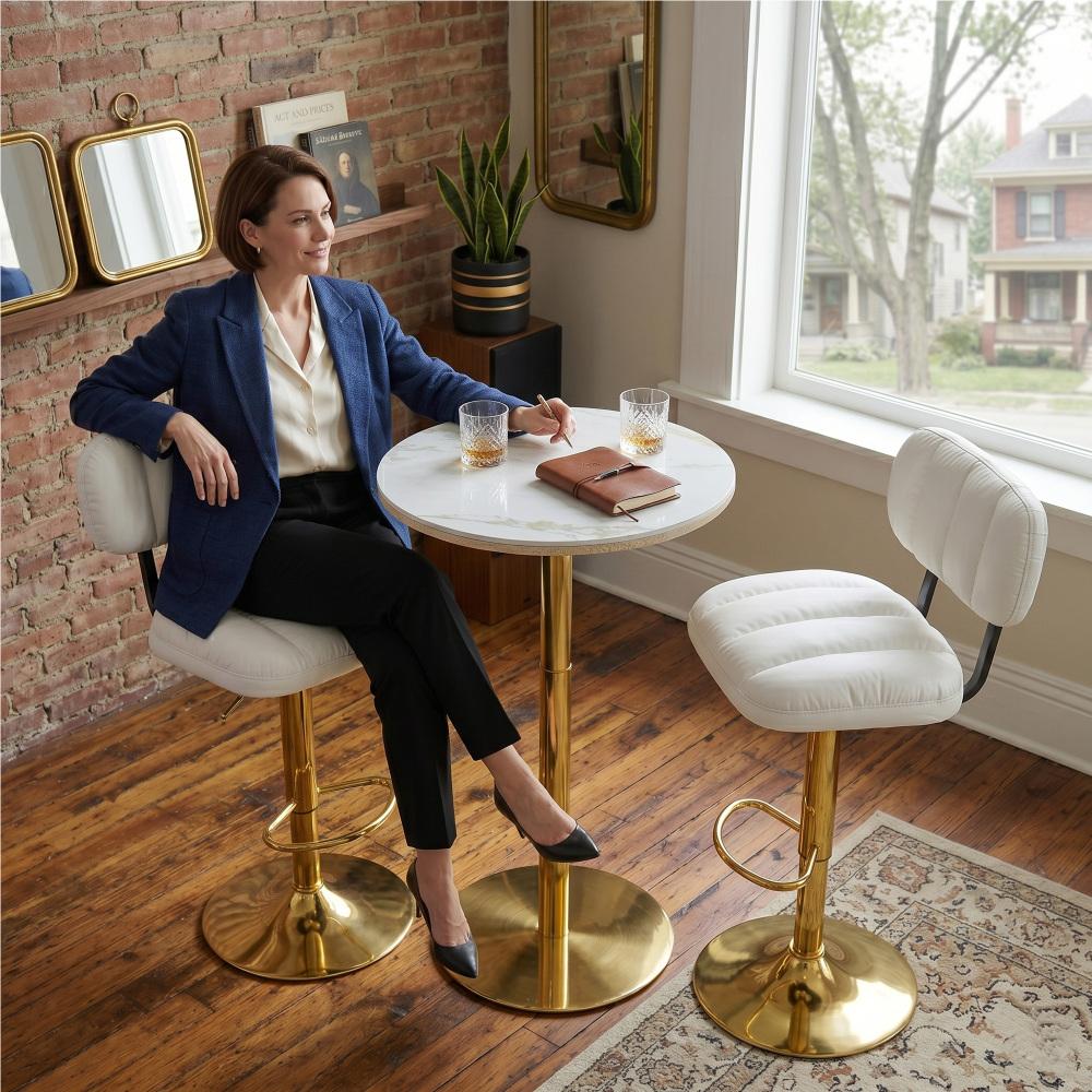 Adjustable Bar Height Set, Round White Marble Pub Table with Gold Chrome Leg & 2 Black Padded PU Leather Bar Stools with Swivel Function, Bistro Set for Small Spaces