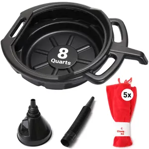 Oil Change Kit - Includes 8-Quart Oil Pan, Longneck Oil Funnel with Removable Filter, and 5 Pack of Shop Towels -  Oil Drain pan for Changing Oil - Oil Change Value Kit with by  Living