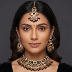 Indian Polki Ethnic-Inspired Rhinestone-Adorned Jewelry Set - Premium Necklace, Earrings & Maang Tikka, Lightweight Elegant Accessory for Weddings, Festive Occasions, Ethnic-Inspired Jewelry Sets, Rhinestone-Adorned Jewelry Sets