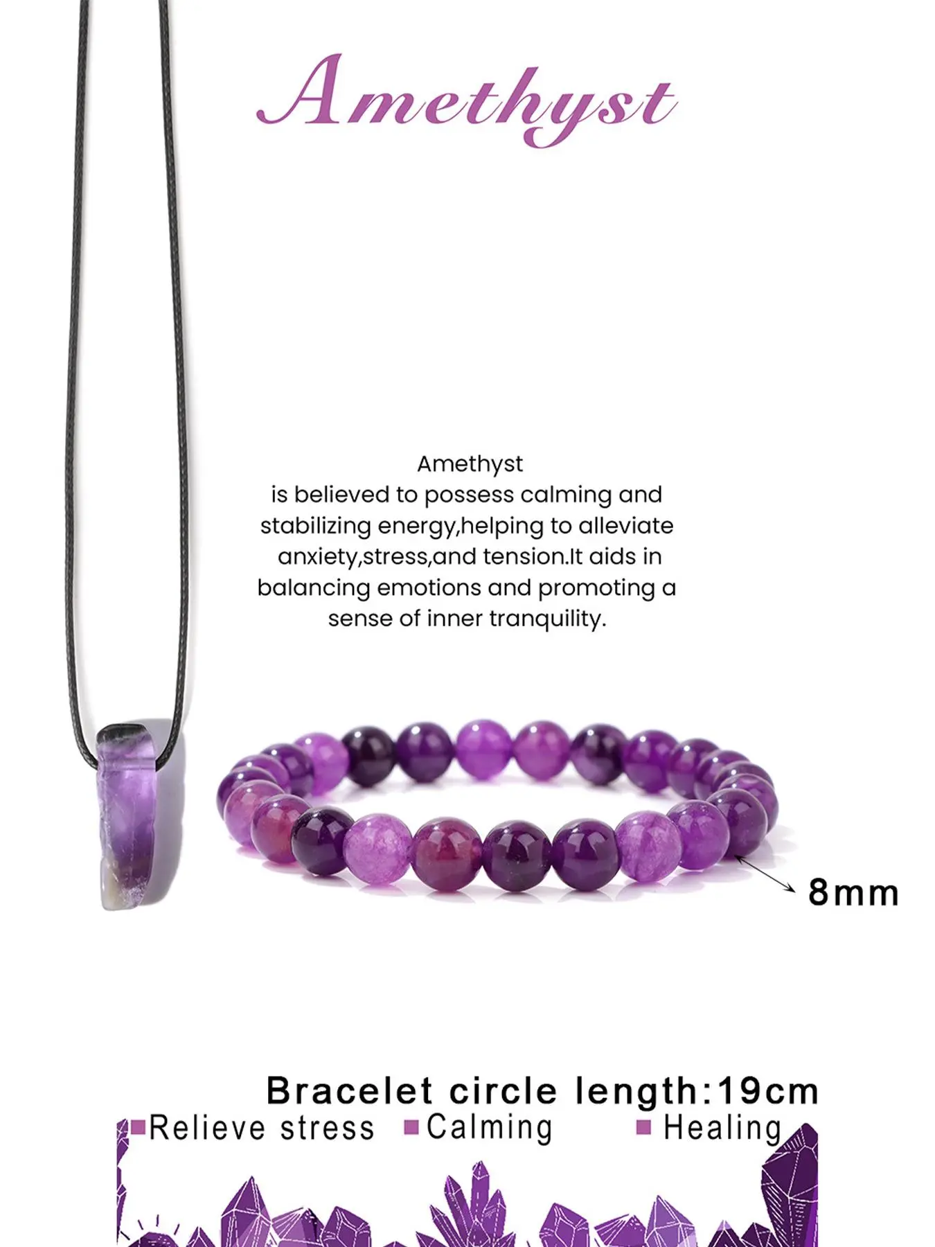 Anxiety Relief Bracelet and Necklace Pendant Set, Crystal Jewelry, Amethyst for Calmness and Stability, Energy Balancing, Inner Tranquility, Couples Natural Crystal Gift for Men and Women, Unisex, Adults