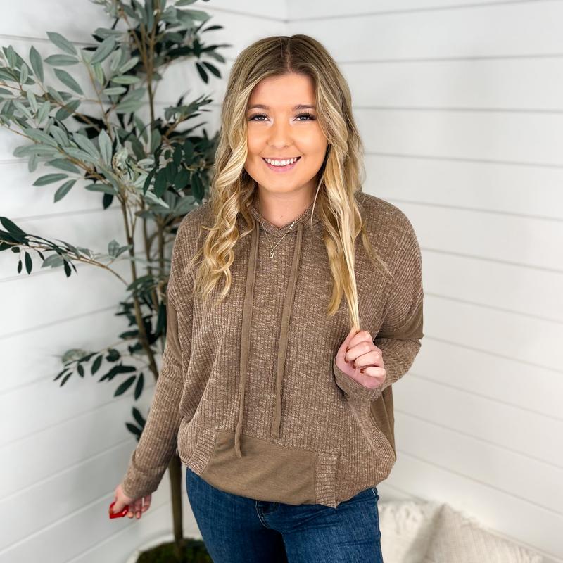 White Birch Created For You Knit Long Sleeve Mocha Brown Hooded Top