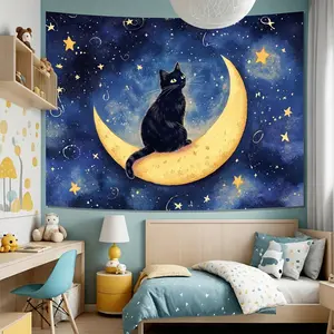 One peculiar black cat on the crescent moon canvas - polyester wall hanging, featuring a night sky scene design. It is perfect for decorating the living room or party. Cat decoration.