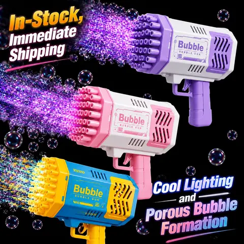 Handheld Automatic Bubble Blower - 40-Hole Pink Plastic Toy Gun (Without Battery) with Bright LED Lights, Cool Gifts for Kids, Birthday Parties & Beach Trips Battery-Powered Toy
