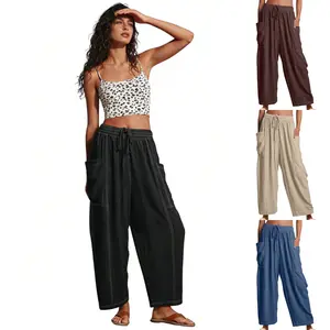 SCUSTY Womens Barrel Pants Drawstring Wide Leg Sweatpants Baggy Summer Lounge Pants Casual Beach Trousers Soft Breathable Blend Mid-Rise Relaxed Fit