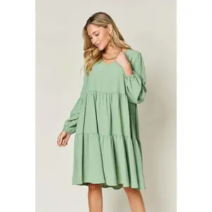 V-Neck Tiered Dress with Balloon Sleeves and Pockets