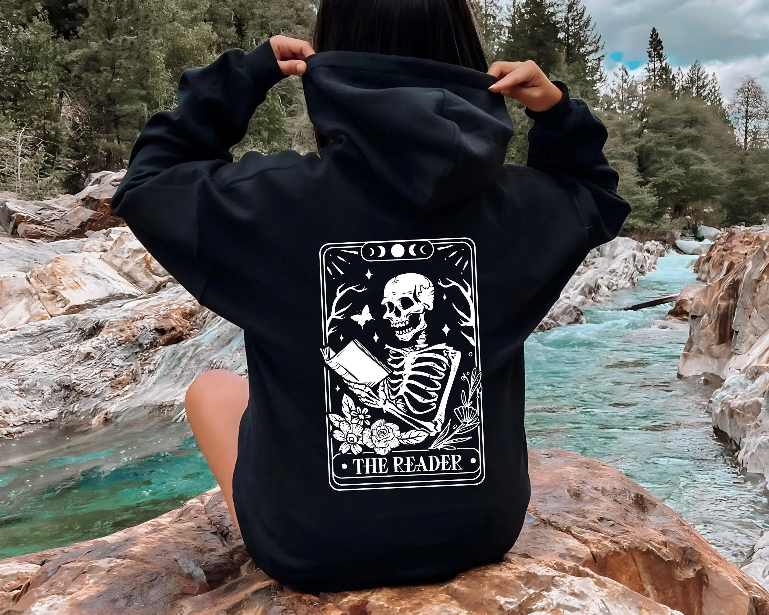 Gildan Women's Skeleton Tarot Card Hoodie, Comfortable Oversized Cotton Polyester Blend Long Sleeve Sweatshirt for Book Lovers, Longsleeves