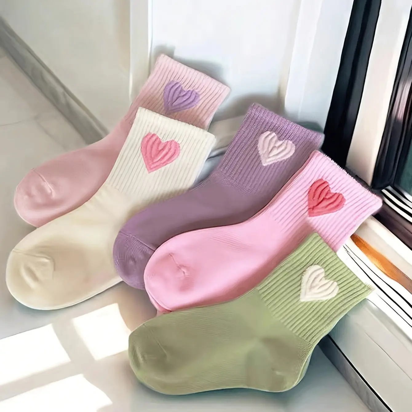 Kids' Multicolor Mid-Calf Length Socks 5-Pair Solid Color Heart Motif, Sporty, Comfortable, Casual Wear, Versatile, All Seasons, 3-5Y/9-14Y, Boys and Girls' Daily Socks