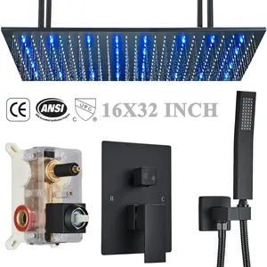 Senlesen Black Shower Faucet Set with Mixer Valve 16x32 inch Rainfall Shower Head and Handheld Spray Ceiling Mount Oversized Rectangle Shower Head Combo Bathroom Shower System Kit