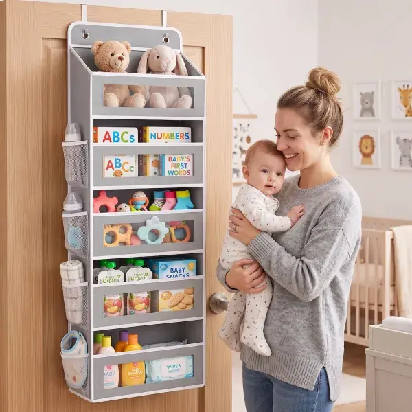 Door-Mounted Storage Rack, 5-Layer Anti-Tip Suspension Shelves, 40 lbs Load Capacity, Space-Saving Home Organizer for Baby Room & Kitchen bedroom bathroom laundry room organizador multifuncional
