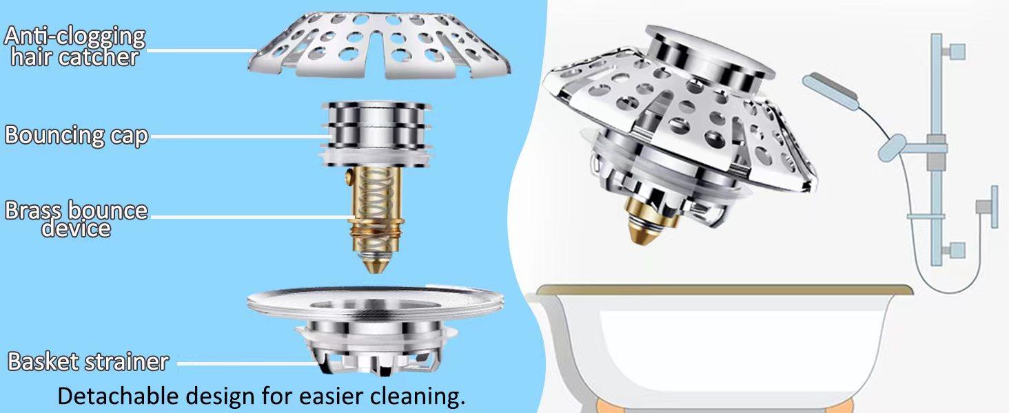 Universal Tub Stopper Bathtub Drain Plug, Pop Up Tub Drain Hair Catcher, Drain Cover with Strainer, for 1-3/8 to 2in Bath Drain Hole