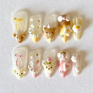Sweet Bear Bakehouse Press-On Nails–Original Handmade Kawaii 3D Rilakkuma Nail Set with Strawberries & Ribbons