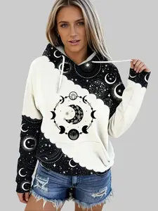 Ladies Fashion Moon Star Print Hooded Sweatshirt Loose Drop Shoulder Drawstring Pullover Hoodie Casual Long Sleeve Soft Tops for Everyday Loungewear