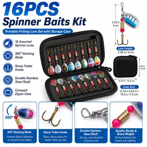 16pcs Spinnerbait Fishing Lures Kit, Portable Storage Case, 360° Rotating Metal Blades, Sharp Treble Hooks, Freshwater Baits for Bass Trout Pike Walleye