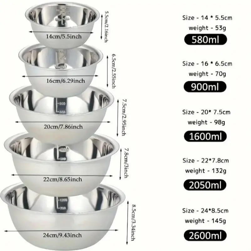 Stainless Steel Mixing Bowls Set with Scale, 5 Pieces, Durable Kitchenware, Nesting Salad Bowls, Ideal for Baking, Preparing, Washing, Serving Food, Home Kitchen Essentials