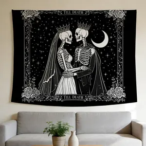 Skeleton Couple Till Death Tapestry Gothic Romance Dark Whimsical Style Wall Hanging Suitable for Home Decor Valentine's Day Easter St.Patrick's Day Halloween Christmas and Other Festival Decorations.