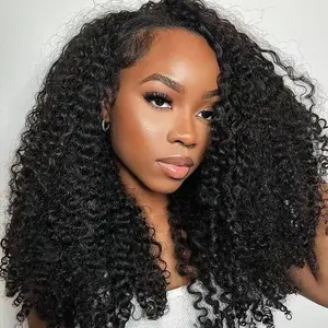 URody Hair Wear Go Half Wig Kinky Curly Wigs Human Hair Invisible Hairline Glueless Human Hair Wigs No Lace Seamless Flip Over Wig Updo Down Style Hairpiece Bouncy Curls