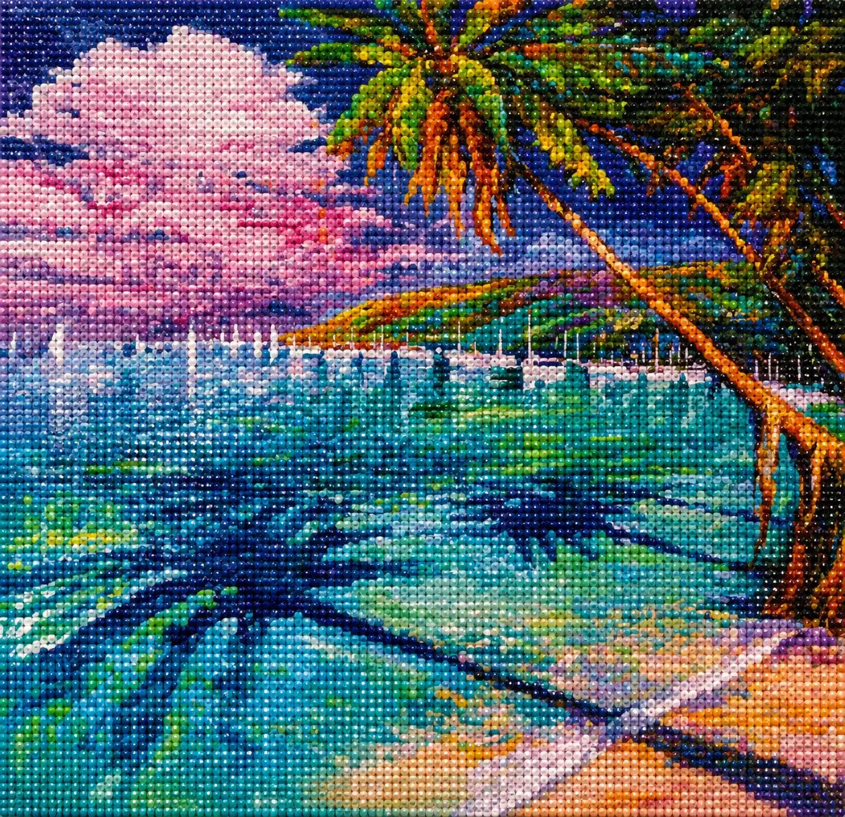 Diamond Painting Full Set, Tropical Beach Palm Tree Design, Resin & Wax Supplies, Beach Walls Decor for Adults, Adds Shimmer and Depth