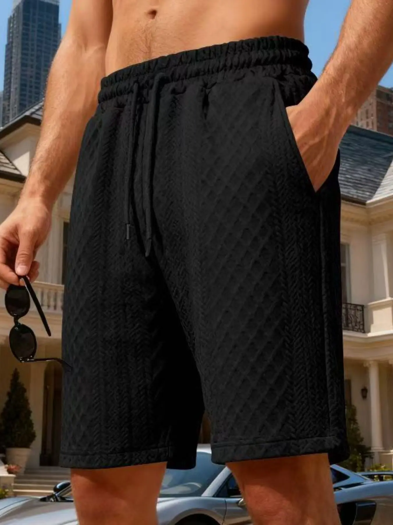 Men's summer breathable shorts, featuring a plain color, casual and simple style, trendy jacquard texture, five-inch short pants, quick-drying and lightweight training shorts, suitable for comfortable daily casual wear and outdoor sports, Athletic Shorts