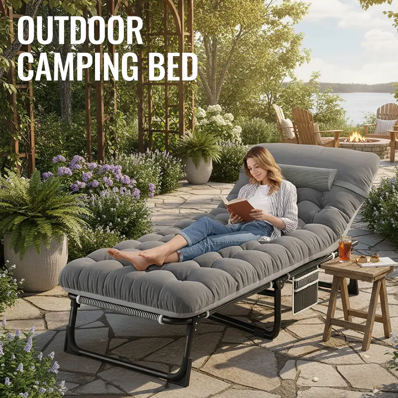 Folding Chaise Lounge Chair, Adjustable Padded Recliner with Headrest & Cup Holder, Collapsible Space-Saving Design for Patio and Camping, With Holder, Moisture Resistant, Sturdy, Includes A Cushion, Weather-Resistant Padded Fabric, Portable Folding Chair