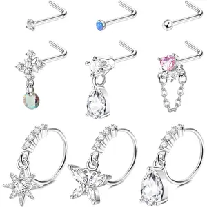 Sanfenly 9 Pcs 20G Dangle Nose Rings for Women 316L Stainless Steel Nose Stud L Shaped Nose Ring Hoops Butterfly Star Teardrop CZ Dangling Nose Piercing Jewelry