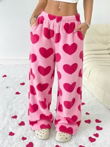Women's Loose-Fitting Sweatpants, Comfortable Fitted Design, Hearts Pattern, Ideal for Home, Sleepwear & Casual
