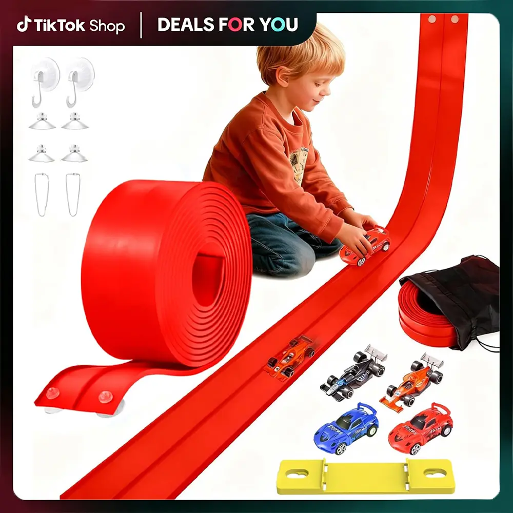 20FT Flexible Race Car Track for Kids Ages 3-8, Red, Bendable Portable Wall & Floor Racetrack with Suction Cups & Hooks, Compatible with Hot Wheels & 1:50 Diecast Cars, Summer Birthday & Christmas Gift for Boys Girls