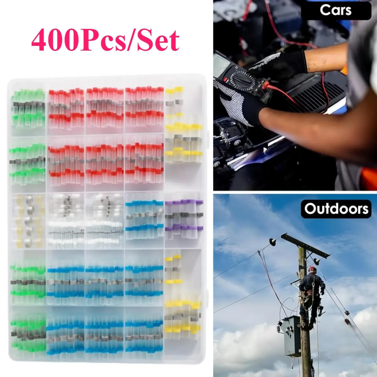 400 Connectors Heat Shrink Kit - Durable Industrial Automotive Marine Electrical Terminals, Butt Splices, Solder Seal, Tube Sleeves, 7 Colours, Great Variety Sizes for Vehicle, Home Improvement Wiring Supplies