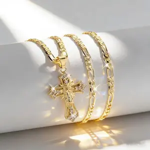14K Gold-Plated Jesus Cross Pendant Necklace with Sparkling Accents Elegant Religious Jewelry for Thanksgiving Graduation Gifts and Daily Wear Decor Ornaments