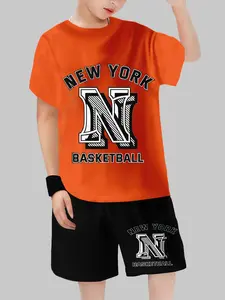 Boys' Summer Sports Trend, New York Basketball Team Uniform, Short Sleeve Shorts Casual Set, All over Print