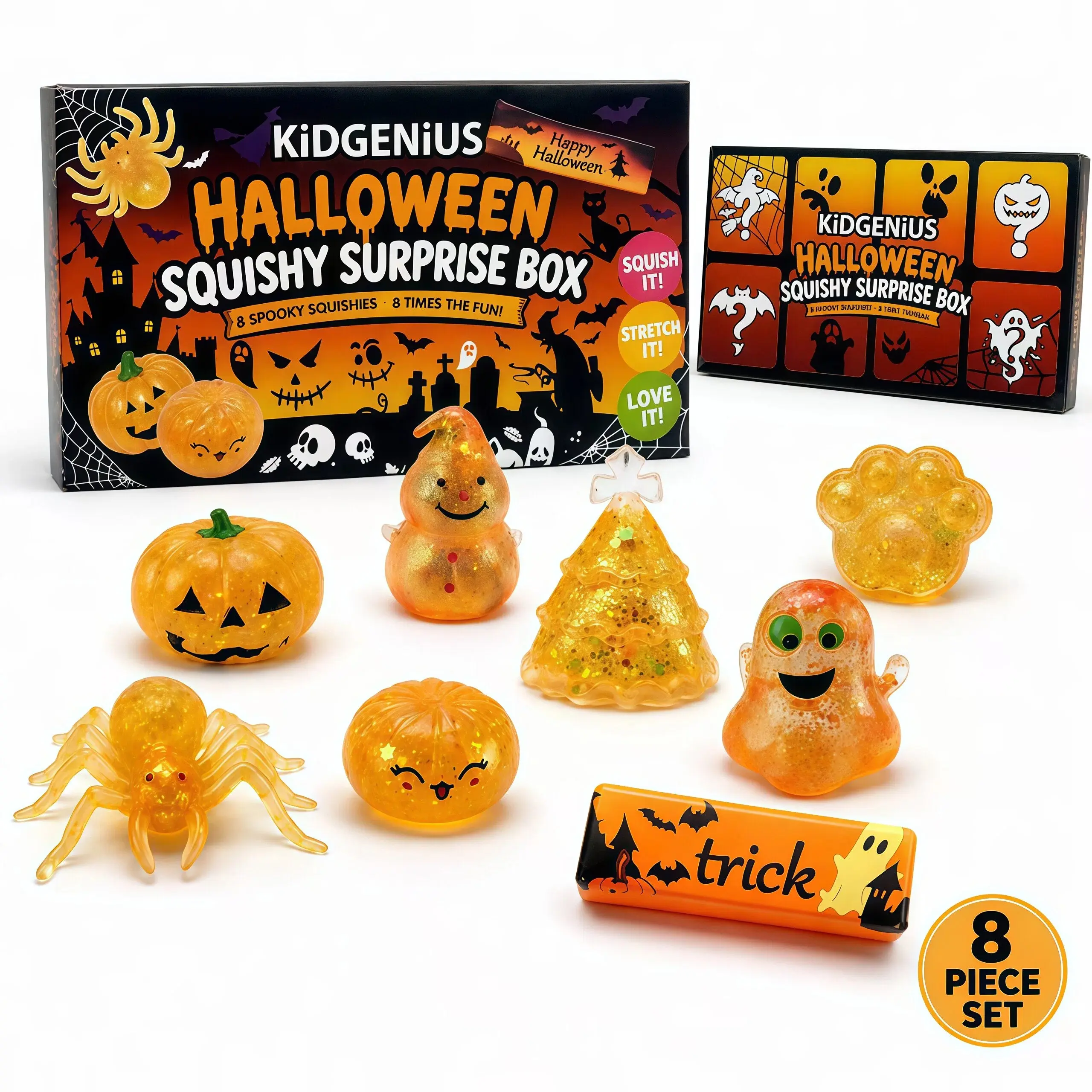 KIDGENIUS 8-Pack Halloween & Christmas Glitter Mystery Squishy Surprise Box, Spooky Stress Relief Squeeze Toys, Sensory Fidget Party Favors for Kids, Goodie Bag Stuffers & Classroom Rewards