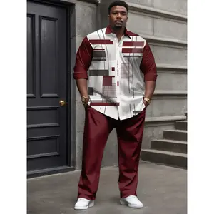 Men’s plus-size suit set – elastic long-sleeve button-up shirt and matching pants with a retro geometric grid pattern, V-neck lapel design, loose fit suitable for both casual and formal occasions; classic menswear GARMENTARY
