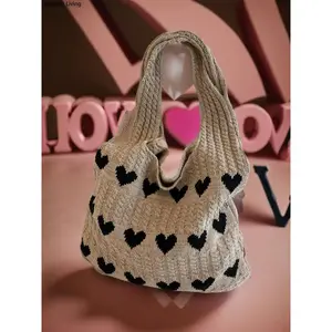 Heart Pattern Crochet Summer Tote Bag for Women, Summer 2026 Large Everything Tote Bag, Large Beach Bags, Trendy High Quality Everyday Shoulder Bag for Daily