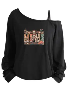 Plus Size Women's Loose-Fit Long Sleeve Cami Top, Asymmetrical Neckline, Letter Print, All Seasons, Sizes 1-8xl