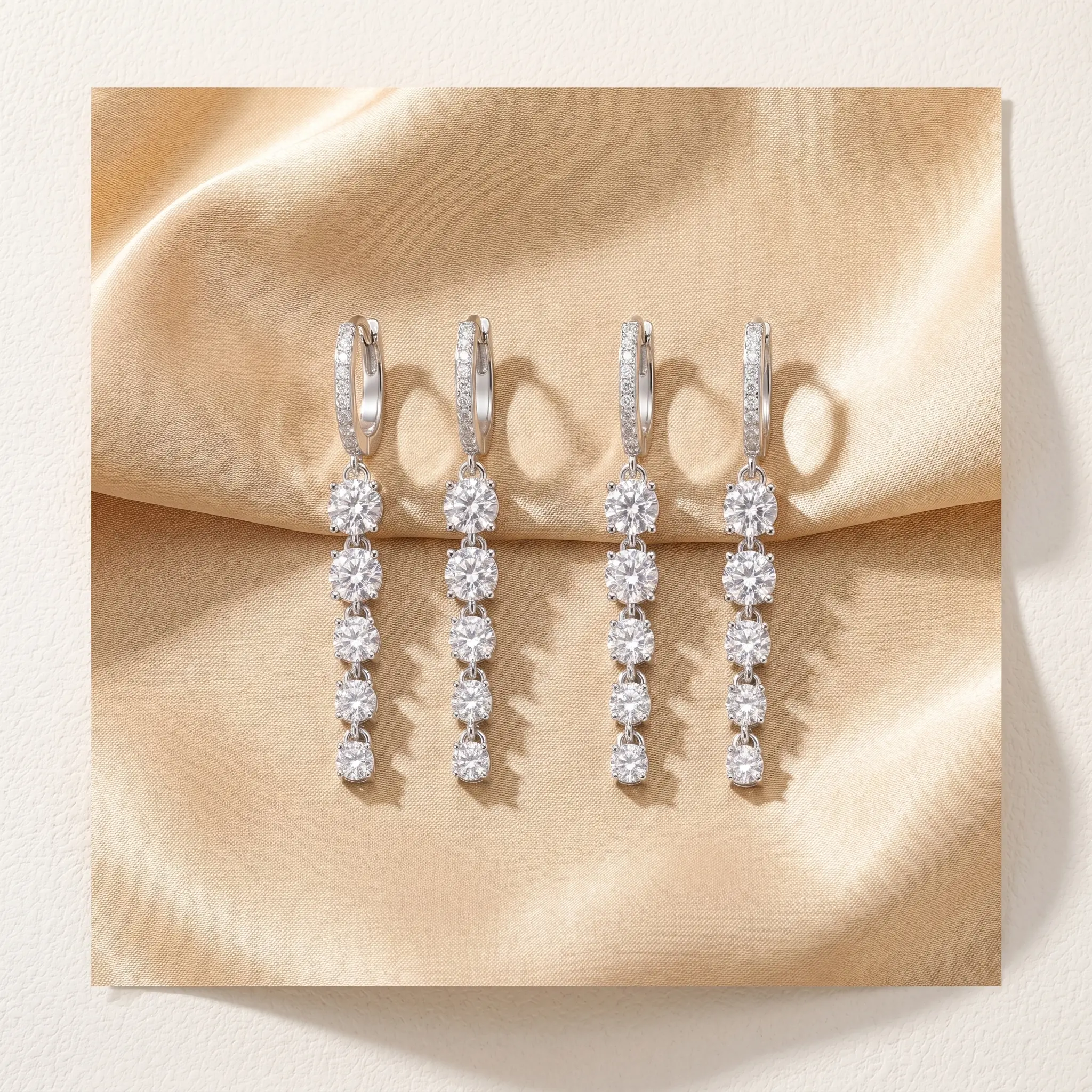 Trendy Silver Graduated Drop Earrings ️ 50mm Sparkling CZ Long Linear Tassel.