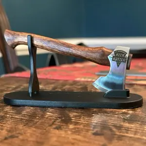 Personalized Mini Axe with display stand. High quality 4 inch mini axe laser etched with your favorite logos/graphic. Great for business promotions, gifts for axe enthusiast or to just display in your home or office