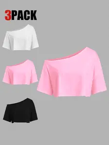 3-Pack Off-Shoulder Short Loose Crop T-Shirts with One Shoulder Design tiktokshopspringglowup