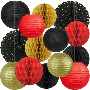 14 Pack Red Black and Gold Party Decorations Kit, Hanging Paper Lanterns & Fans for Casino Night, Red Carpet, Hollywood Theme Party, Game Night, Hibachi Party and Graduation