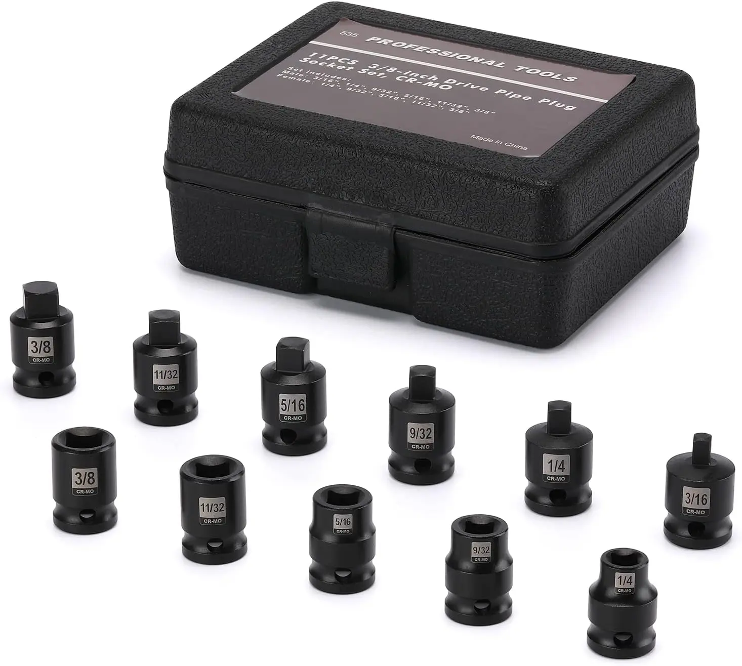 11-Piece SAE CR-MO Steel 3/8-In Square Drive Pipe Plug Socket Set with Tapered Male Connector, Chamfered Female Connector and Chamfered Ends