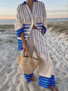 Women's Beach Holiday Print Long Sleeve Fitted Shirt + Trousers Set