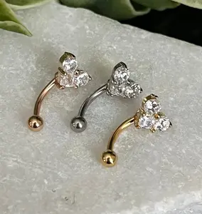 1 Brilliant Three CZ Gem Heart Eyebrow Ring with Curved Barbell - 16g (1.2mm), length 5/16" (8mm) - Silver, Gold or Rose Gold