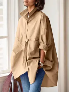 Women's Solid Button Front Pocket Shirt Blouse, Casual Drop Shoulder 3/4 Sleeve Collared Top for Spring & Fall, Women's Clothing for Daily Wear