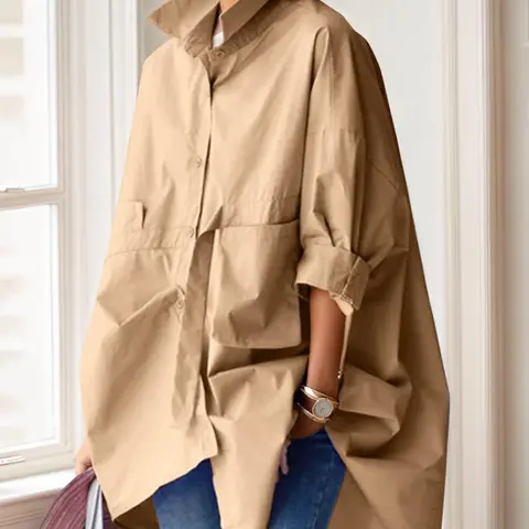 Women's Solid Button Front Pocket Shirt, Casual Button Up Drop Shoulder 3/4 Sleeve Collared Top for Spring & Fall, Women's Clothing for Daily Wear