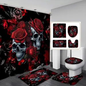 Gothic Skull & Rose Shower Curtain Set, Waterproof Shower Curtain, Silver Color Skeleton with Hot Roses, Gradient Background, Gothic Aesthetics, Home Bathroom Decor, Bathroom Decoration Accessories