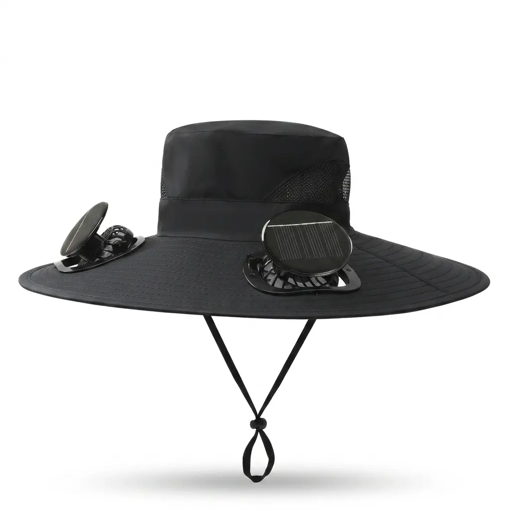 Summer Outdoor Essentials Solar Fan Hat, Wide Brim Cooling Sun Shade Hat with Dual Rechargeable Fans, 3-Speed USB Fan Hat for Beach, Travel, Fishing & Camping